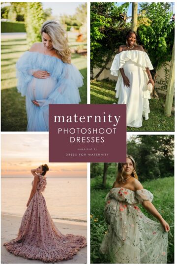 Cover and collage for article on maternity photoshoot dresses, showing 4 styles of maternity dresses