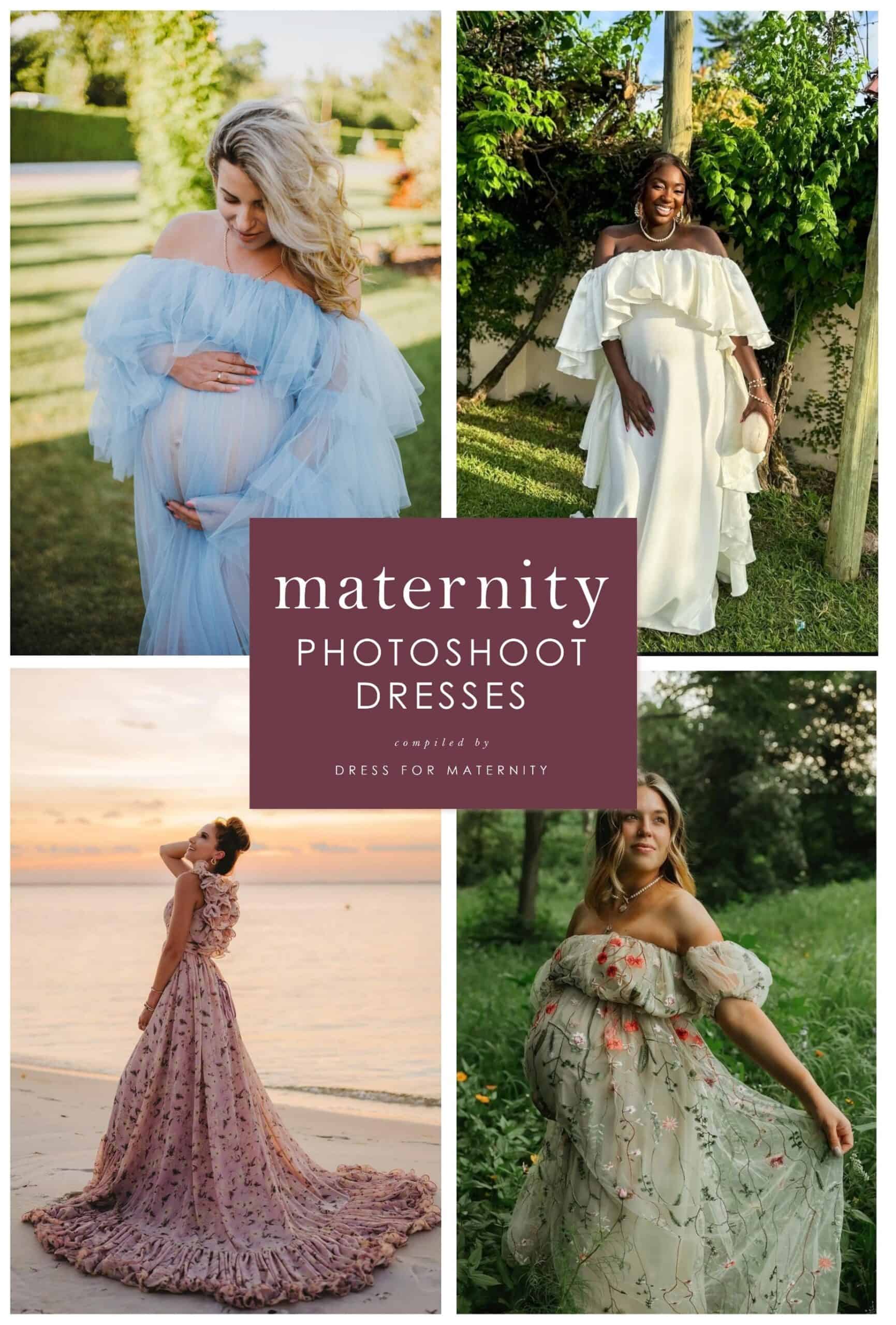 Cover and collage for article on maternity photoshoot dresses, showing 4 styles of maternity dresses
