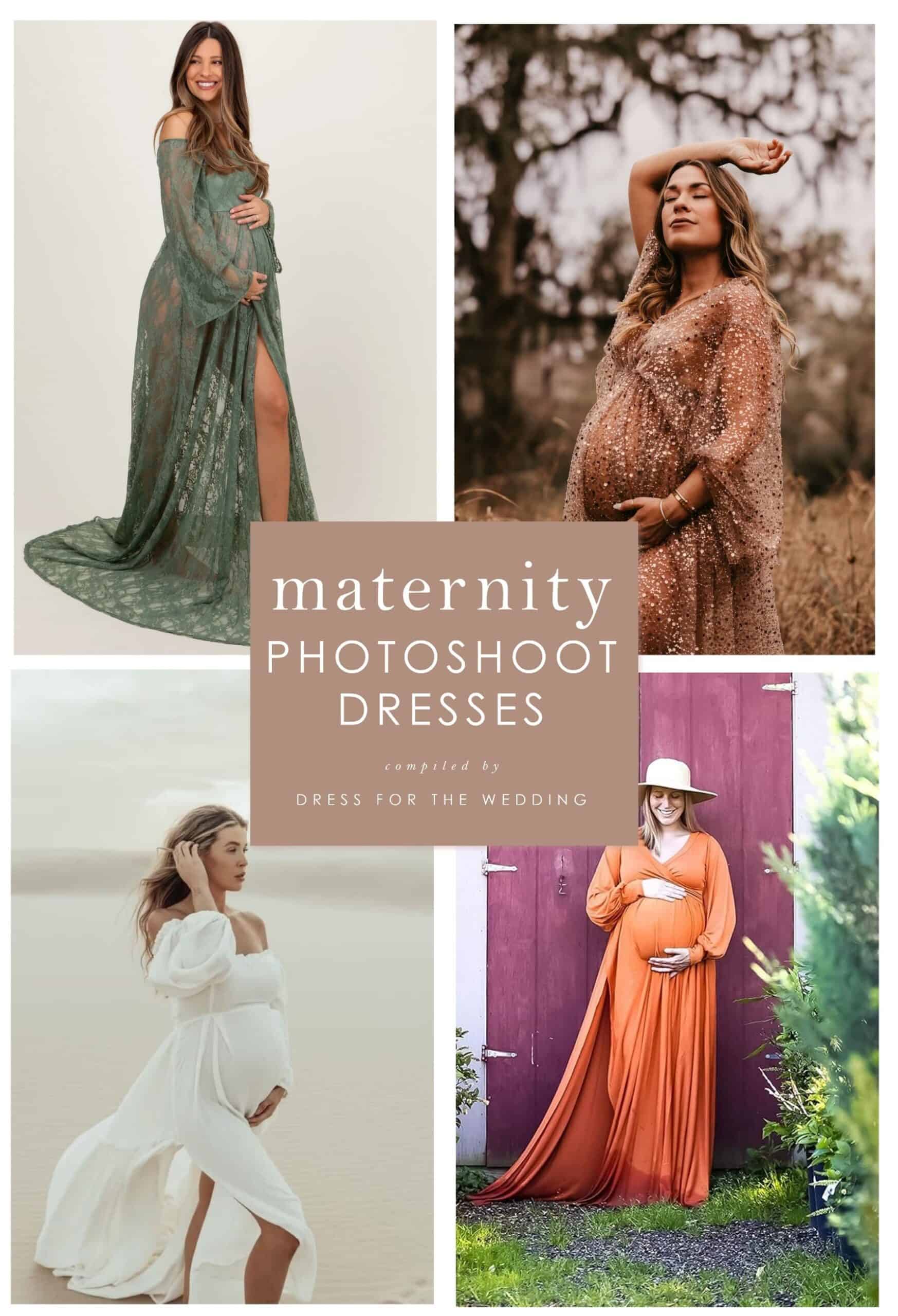 Image of 4 photos of maternity dresses on women and models, that look appropriate for a maternity photo session.