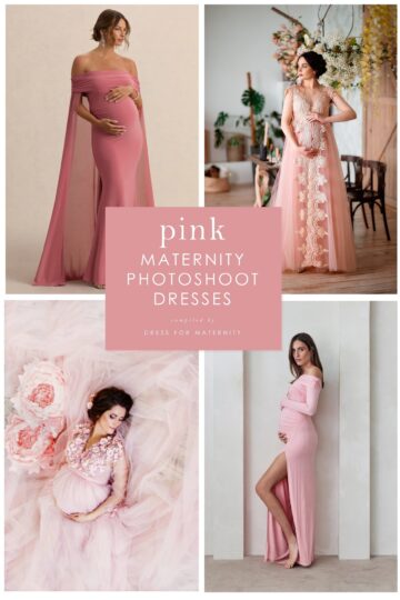 Cover images collage with 4 pictures of models wearing pink dresses with text that reads pink maternity dresses for photoshoots