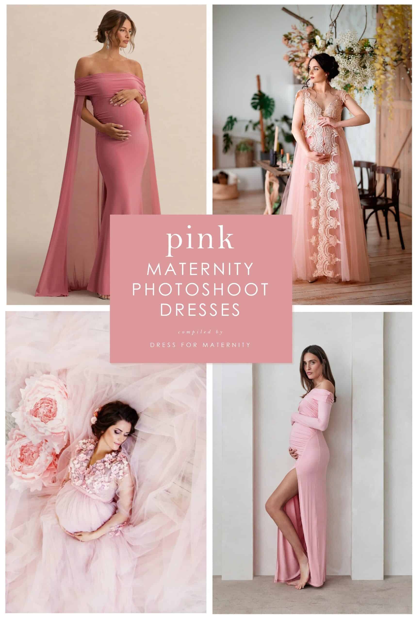Cover images collage with 4 pictures of models wearing pink dresses with text that reads pink maternity dresses for photoshoots